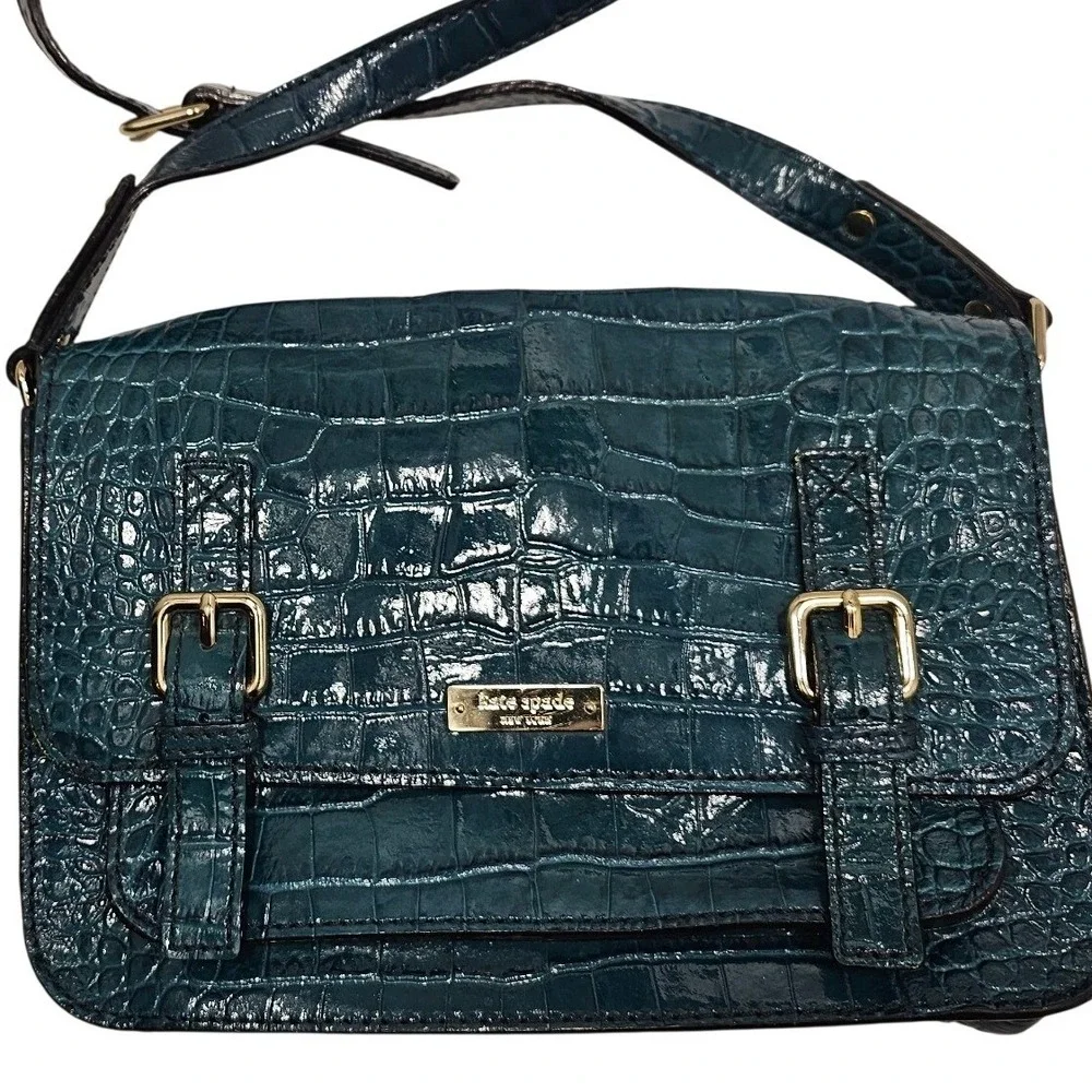 Kate Spade Teal Blue Croc Embossed Patent Leather Crossbody Bag Satchel Gold HW